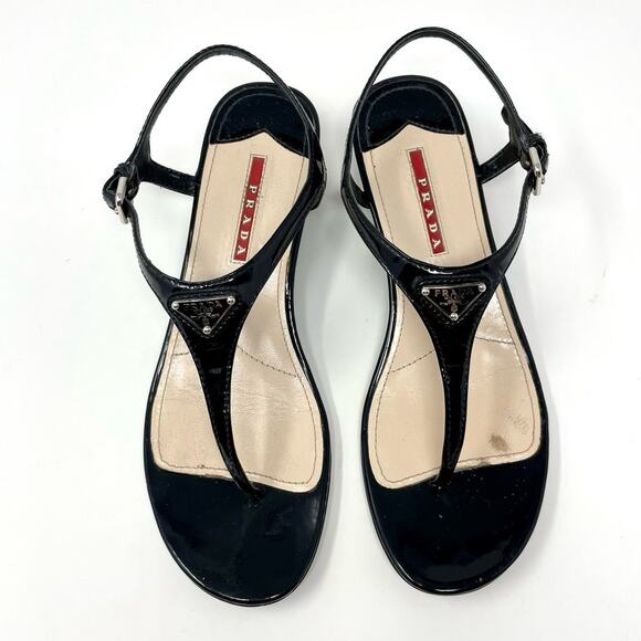 Prada Thong Wedge Sandals Triangle Logo Leather T-Strap Slingback Black EU 37.5 - Picture 2 of 13